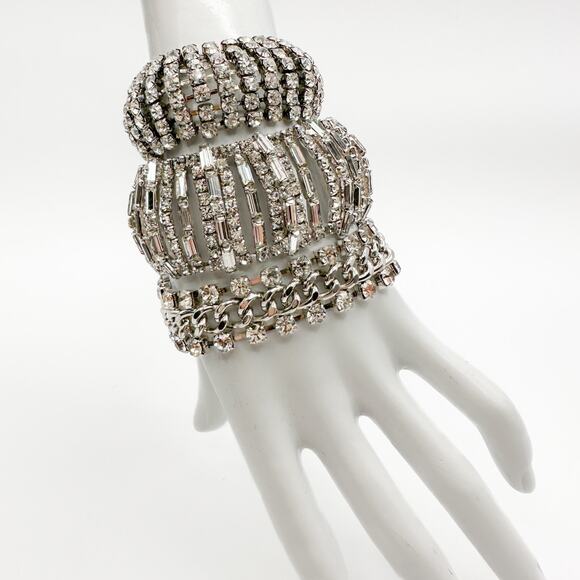 Vintage Rhinestone Tennis Bracelet Trio 1950s Glam Sparkle - Picture 1 of 13